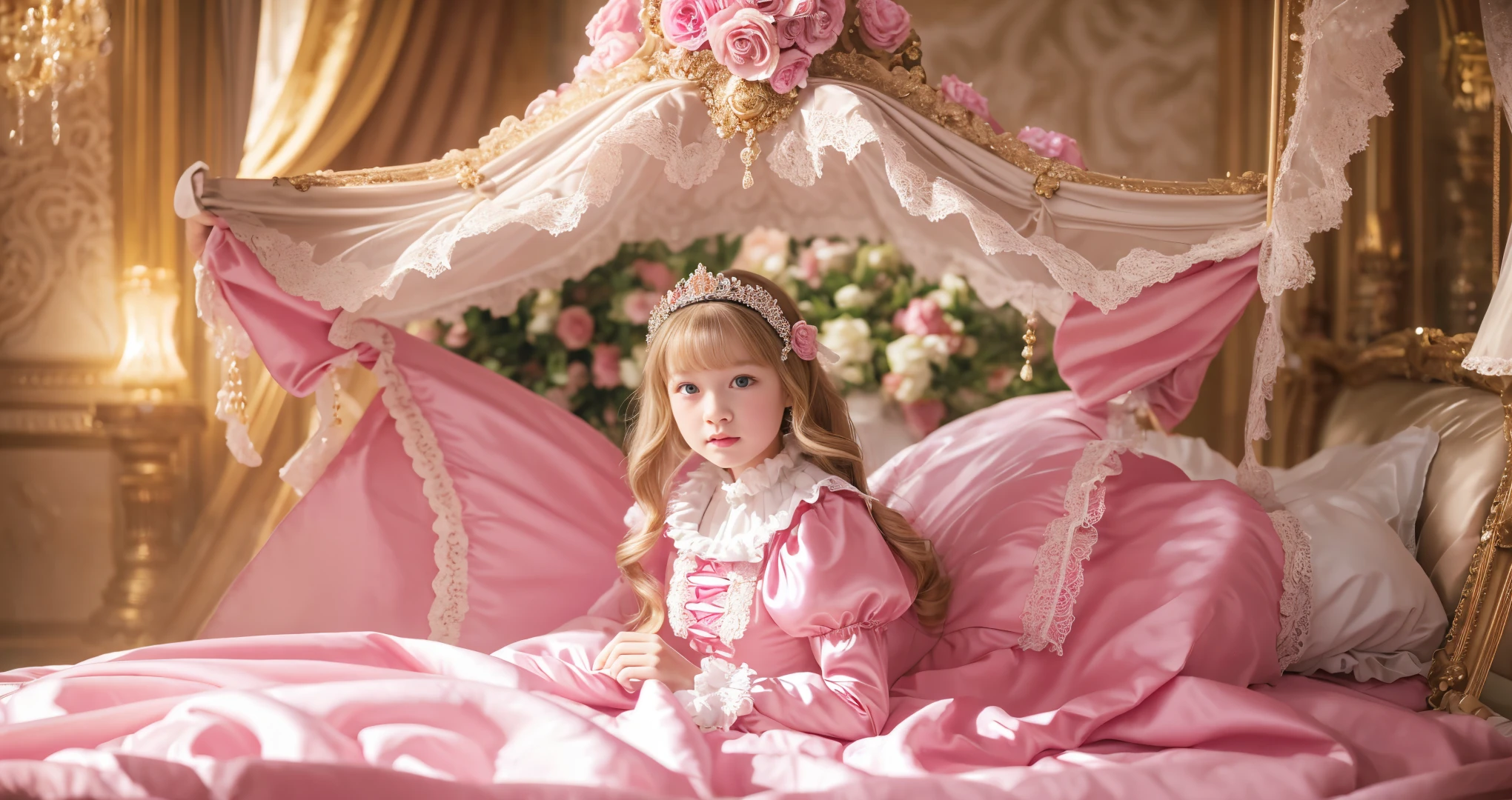 ,highest quality, masterpiece, Highest Resolution, artwork, super それにGet used to it, many Get used to it, Get used to it, それにGet used to it, 3K realistic photos,,(( When I was )),Super detailed baby face,She is a princess,Full-length ball gown dress with hoop skirt,Frilled yoke collar,Puff sleeves,Long sleeve,((Lolita style pink detailed princess satin dress、Lots of frills and ribbons。)),Colorful Rococo Fashion,shiny satin dress,Soft and smooth fabric,luxury,Long blonde hair,blue eyes,White skin European,pajamas,((Inside the palace)),,,(( When I was 10 years old)),Sd baby face,Full-length ball gown dress with hoop skirt,Frilled yoke collar,Puff sleeves,腰まで伸びるLong blonde hair,blue eyes,White skin European,pajamas,((Inside the palace bedroom)),ピンクのシルクサテンのluxuryなCanopy bedの上,Canopy bed,Luxurious curtains under a canopy,There were a lot of frilly pillows on the bed.,Highly detailed background,Detailed bed,Romantic atmosphere,The little princess is sitting on the bed,