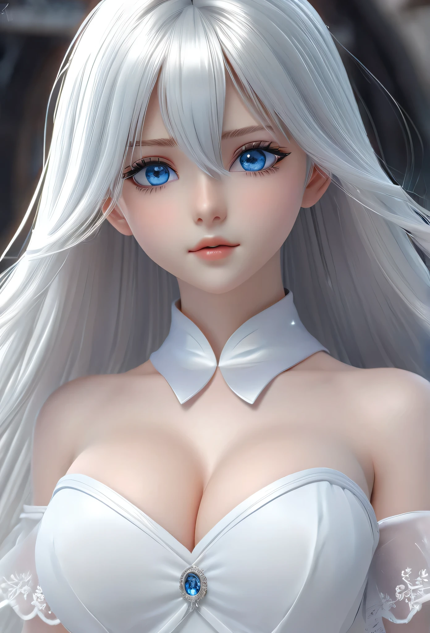 -yeld giSilver long hair，Blue Eyes，Long eyelashes，Unbelievably huge breasts，((3D anime style))，White dress with a lot of exposure，