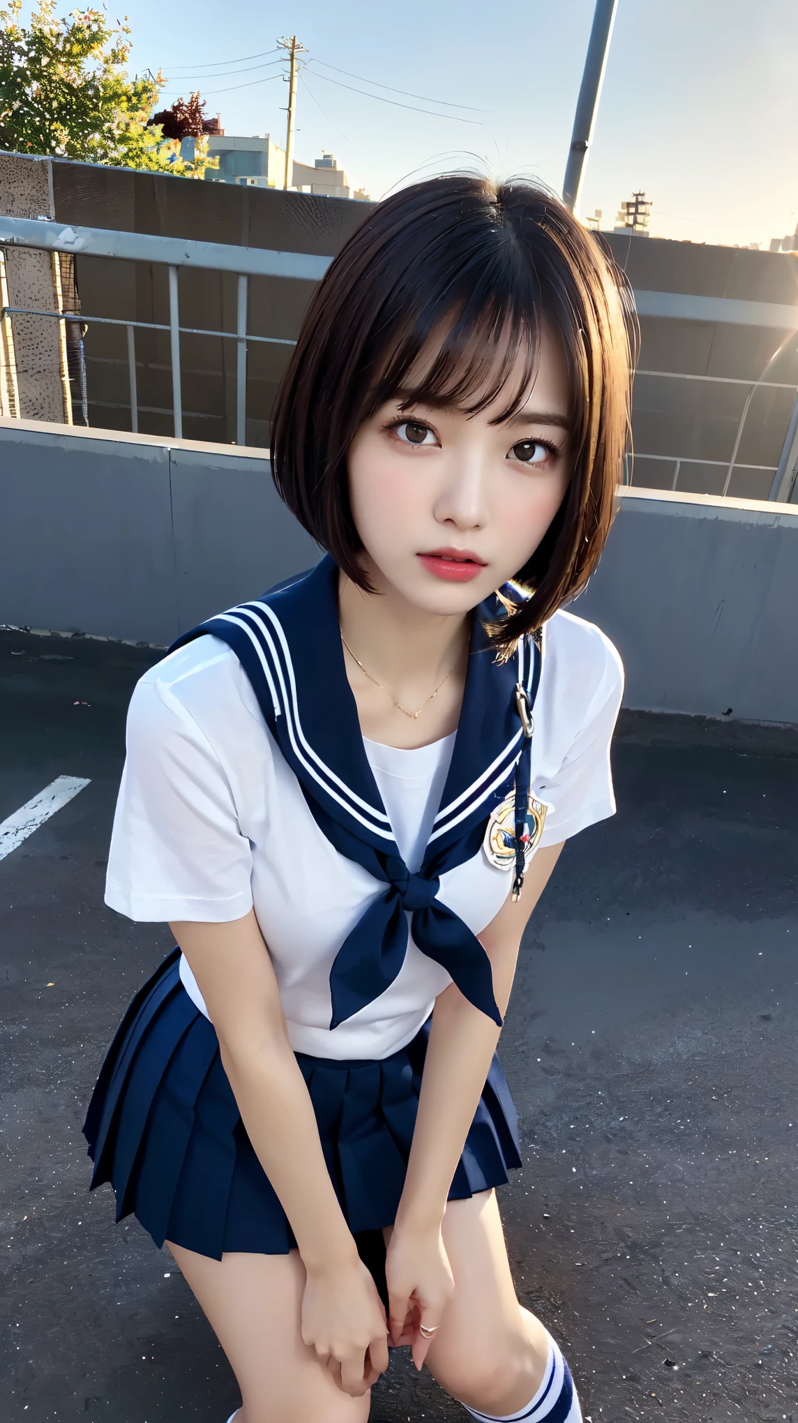 nsfw,(((Perfect Anatomy, Anatomically correct, Highly detailed skin))), ((Pull down your panties)), 1 girl, Japanese, high school girl, Shiny skin, Observe your audience,
Beautiful Hair, Beautiful Face, Beautiful fine details, (short hair:1.1, Bobcut:1.2), Dark blonde hair:1, blue eyes, Baby Face, Mole under the eye,
Beautiful clavicle, Beautiful body, Beautiful breasts, Large Breasts:0.5, Beautiful thighs, Beautiful feet,
((Short sleeve, Cute sailor uniform, all in dark blue, Dark blue pleated skirt, Navy blue sailor color, Sailor scarf, socks, Brown Loafers)), Captivating thighs, (Red Slave Collar),
((, Embarrassing, , , )), Are standing,
(Beautiful views), summer, School rooftop, building, Chain link fence,
Official Art,Highly detailed CG Unity 8k wallpaper, (masterpiece:1.0),(highest quality:1.0), photo shoot, 8k, Browsing Caution, High resolution, Kodak Portrait 400, Film Grain, Lens flare brilliance, View Viewer, (very low camera angle:1.6)