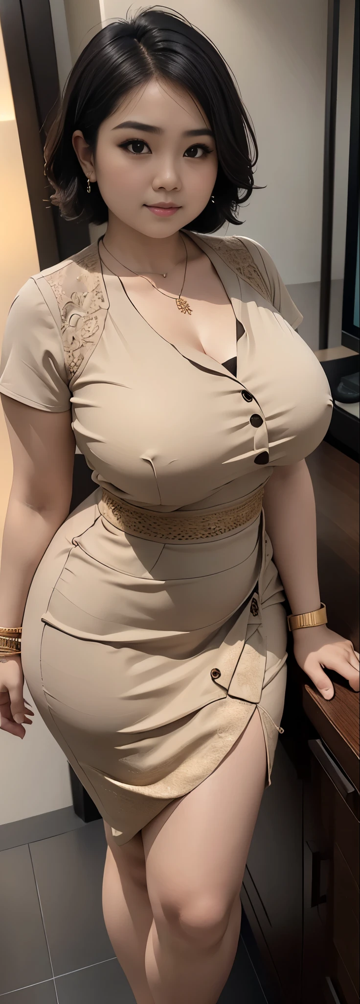 1 Indonesia girl, modern plain wavy short hair , shy, medium portrait, watery eyes, wearing dark brown latte kebaya, ((big breasts)), black bokeh background, well-proportioned body,, chubby massive thighs, full body pose, wearing a necklace , wearing 10 bracelet , wearing a sneaker , huge chest