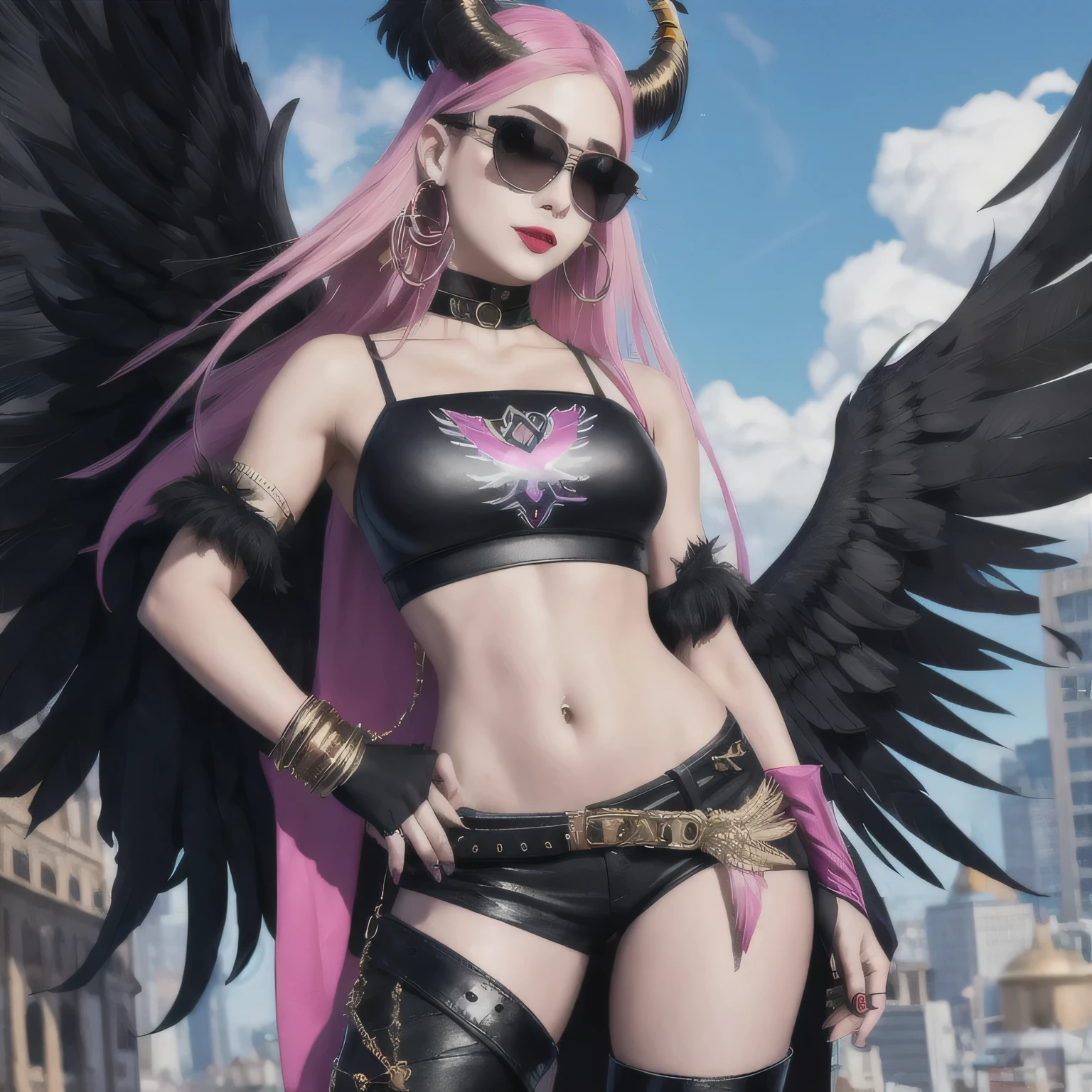 (masterpiece, best quality:1.2), 1girl, solo, city background, haze \(fortnite\), Harpy Haze From fortnite, 1girl, earrings, glasses, hat, jewelry, lips, long hair, looking at viewer, makeup, nail polish, pink eyes, pink hair, pink nails, smile, sunglasses, tinted eyewear, belt, black pants, crop top, eyeshadow, midriff, navel, pants, choker, fingernails, round eyewear, sharp fingernails, standing, black feathers, black headwear, hoop earrings, horned headwear, horns, denim, winged arms, feather trim, star \(symbol\), elbow gloves, dark pink lips, feathers, heels, shoes, angel wings, bangle, black wings, crop top overhang, feathered wings, harpy, low wings, multicolored hair, multicolored wings, pink wings, wings, fingerless gloves, shirt, long fingernails, boater hat, bootcut pants, leather pants, sleeves, black sleeves, 