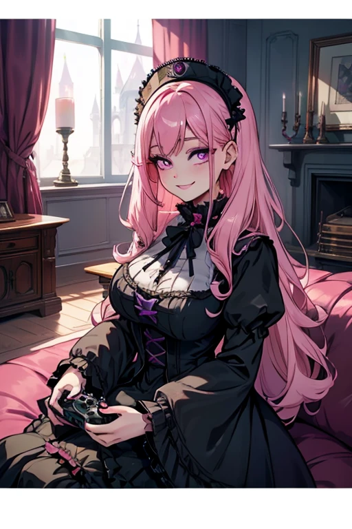 A pink haired woman with violet eyes with an hourglass figure in a Gothic lolita dress is smiling with a gaming controller in a living room