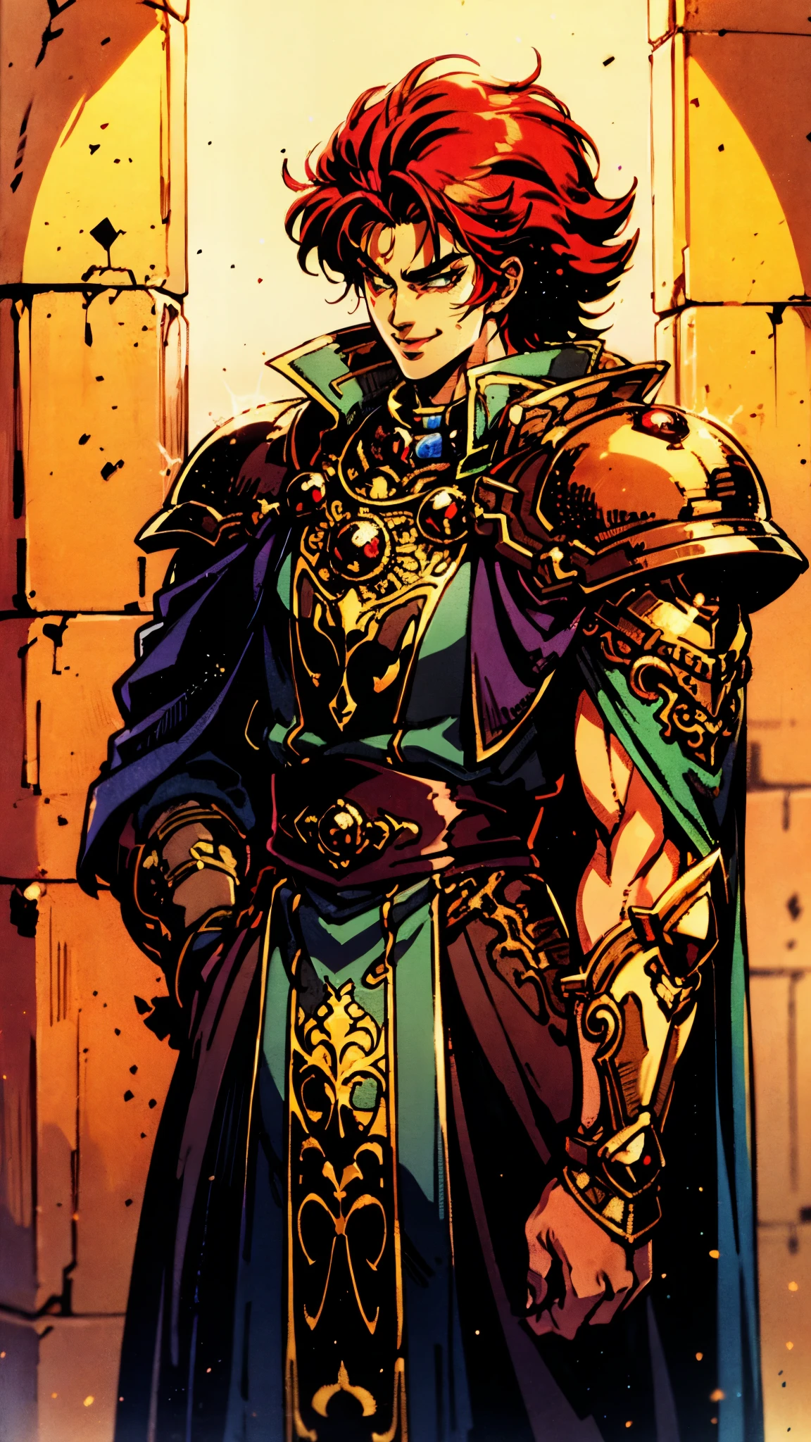 A man with exaggerated orange-red spike-like hair, thick eyebrows, droopy eyelids, fair skin, a cheerful smile, a dramatic fantasy-style black robe coat with a thick gold collar, exaggerated golden pointed shoulder pads, intricate gold patterns, a magnificent blue-black undershirt, half-body portrait, the backdrop of a splendid fantasy-style cathedral, this character embodies a finely crafted fantasy-style aristocrat in anime style, exquisite and mature manga art style, high definition, best quality, highres, ultra-detailed, ultra-fine painting, extremely delicate, professional, perfect body proportions, golden ratio, anatomically correct, symmetrical face, extremely detailed eyes and face, high quality eyes, creativity, RAW photo, UHD, 32k, Natural light, cinematic lighting, masterpiece-anatomy-perfect, masterpiece:1.5