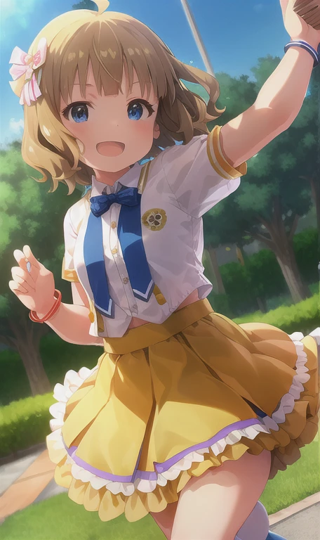 momoko suou (A million people live), (highest quality, 8k, masterpiece, Super detailed:1.2), Dynamic pose, Movie angle, Cowboy Shot, Particles of light, sgardenle, Beautiful fine details, Shiny skin, Shiny Hair, Sunbeam, Wide Shot, Depth of written boundary, Backlight,
Day, Beautiful Clouds, Gradient Sky, 斑点模様のDay光, Contrail, Outdoor, Reflection Bed, garden, Flowery meadow, Wind,
One girl, alone, mini skirt, Layered skirt, smile, cute, Happy, Big eyes, Pleated skirt, Short sleeve, belly button, Cheerleader, Pom-pom \(cheer leading\), clavicle, White Hair Flower, ribbon, bow, Standing on one leg, Earrings, Armlet, bracelet, arm ribbon, tie, Knee socks, Outstretched arms, petal,
