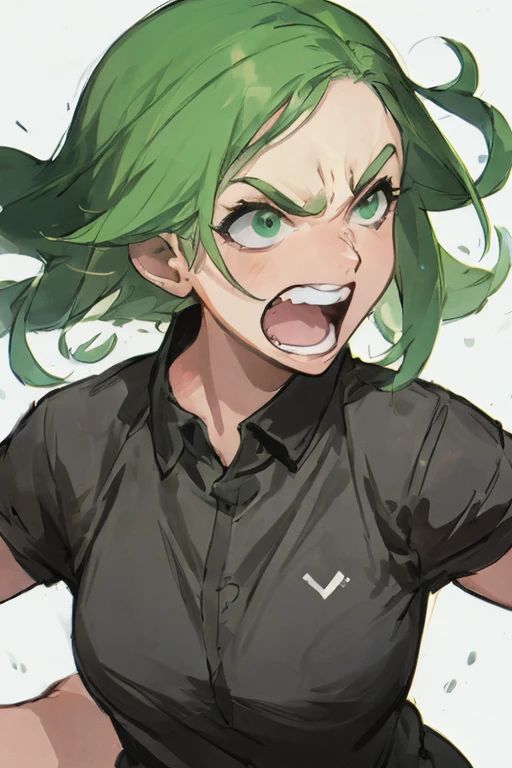 ((Masterpiece, Best Quality, 2d)),  (1 woman, Solo: 1.4), red hair, busty, muscle, green sweather, white background, sideview: 2, yelling, angry,