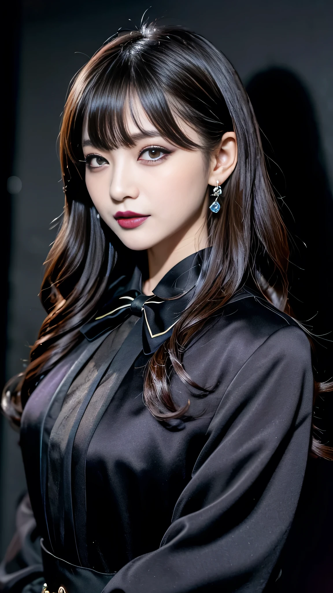 best quality、ultra-detailed、4k、Japanese、Seductive beauty、seductive adult woman、Pretty Woman、cool girl、Villainess、Brainwashed、brainwash、Fallen into evil、smirk、Evil look、Wicked Smile、evil、Brown hair、wavy hair、swept bangs、dark makeup、dark makeup、piercing eyes、hollow eyes,half-closed eyes、Hollow Eyes、purple Eyeshadow、black lipstick、black lipglos、suit、Jacket、Black Ribbon、Frilled blouse、flare skirt、night、inside darkroom、Has a switch、Emblem of Evil、Crest of Darkness、Swear allegiance、I have pledged my allegiance、Dye black、Blackening、Stained with evil、Dyed in darkness、