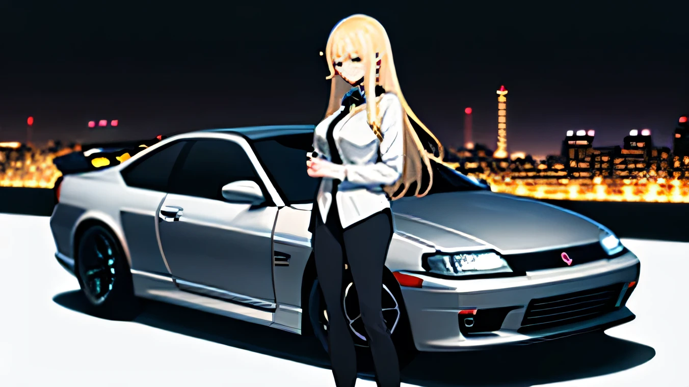 girl, blond, long hair, messy, black eyes, white shirt and black tie, black pantaloon high quality, tired, best quality, any anime art style,  manga style, anime blond haired girl standing next to car, Nissan Silvia S13, tokyo city background, night time, 1k resolution, perfect face