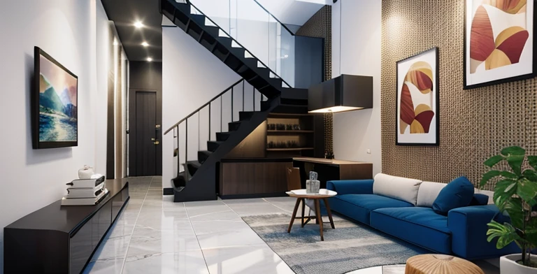Morden space design, (((volumetric light:1.2))), (Masterpiece,best quality,8k uhd,dslr,soft lighting,high quality,hyper detail,film grain,Fujifilm XT3, UE 5 render 8k, super high resolution, supper detail:1.2), color block wall decor, abtract poster decor, glossy terazzo floor:1.3,OPEN POSE