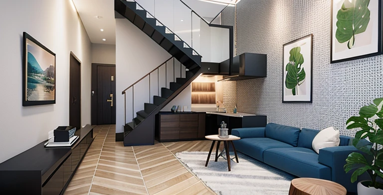 Morden space design, (((volumetric light:1.2))), (Masterpiece,best quality,8k uhd,dslr,soft lighting,high quality,hyper detail,film grain,Fujifilm XT3, UE 5 render 8k, super high resolution, supper detail:1.2), color block wall decor, abtract poster decor, glossy terazzo floor:1.3,OPEN POSE