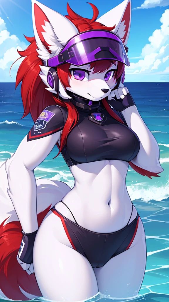 ((best quality, Masterpiece, perfect anatomy, Detailed pictures)), 1 female, arctic protogen, arctic wolf, Long visor, purple visor, purple eyes, sexy body, Bust 82, Waist 56, Thigh 83, Big Pong, Future military clothing, fluffy tail, red red, shy, in the sea, front view