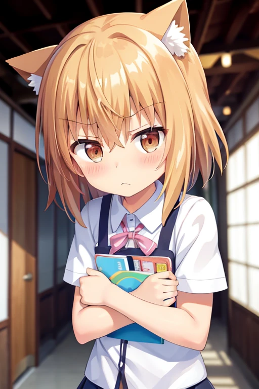 Safety，coin，Railgun，Blonde tsundere girl，issue，uniform，Adorable，High saturation，Pouting, blush