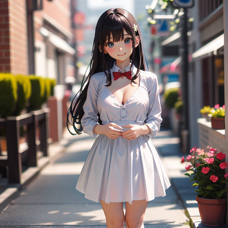 masterpiece, highest quality, One Girl, Thighs, beautiful girl, Flowers, たくさんの小さなflower, flower、Small waist, RAWphotograph,Bright lighting、Face Light, Ultra-realistic, High resolution, photograph, Sharp focus, Highly detailed eyes and face,Symmetrical face, whole body、Large Breasts、Long Hair、チラリと見えるThighs、Emphasized cleavage、Her hair was tied with a big red ribbon.、White high heels、White knit、race、White micro mini skirt、Embarrassed、smile、Happy smile