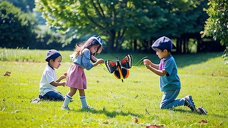 Children playing with insects in the countryside、