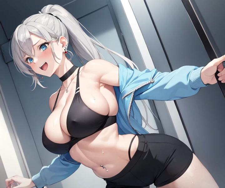 (((masterpiece))), ShizukaMikazuki, One Girl, alone, View your audience, Long Hair, Gray Hair, Long sleeve, Cleavage, Huge breasts,clavicle, Mature Body,Glamorous Body,Trained abdominal muscles,Make your face a little smaller,Make your breasts bigger,tall,Blushing,High Ponytail,Blouson, Open clothes, open Blouson, light blue Blouson,nude,Black sports bra,Black hot pants, Play sports often, Choker with charm,Earrings,Belly piercing,Laughing embarrassedly,blue eyes,natural Park,Shooting from an angle,Sweat all over,