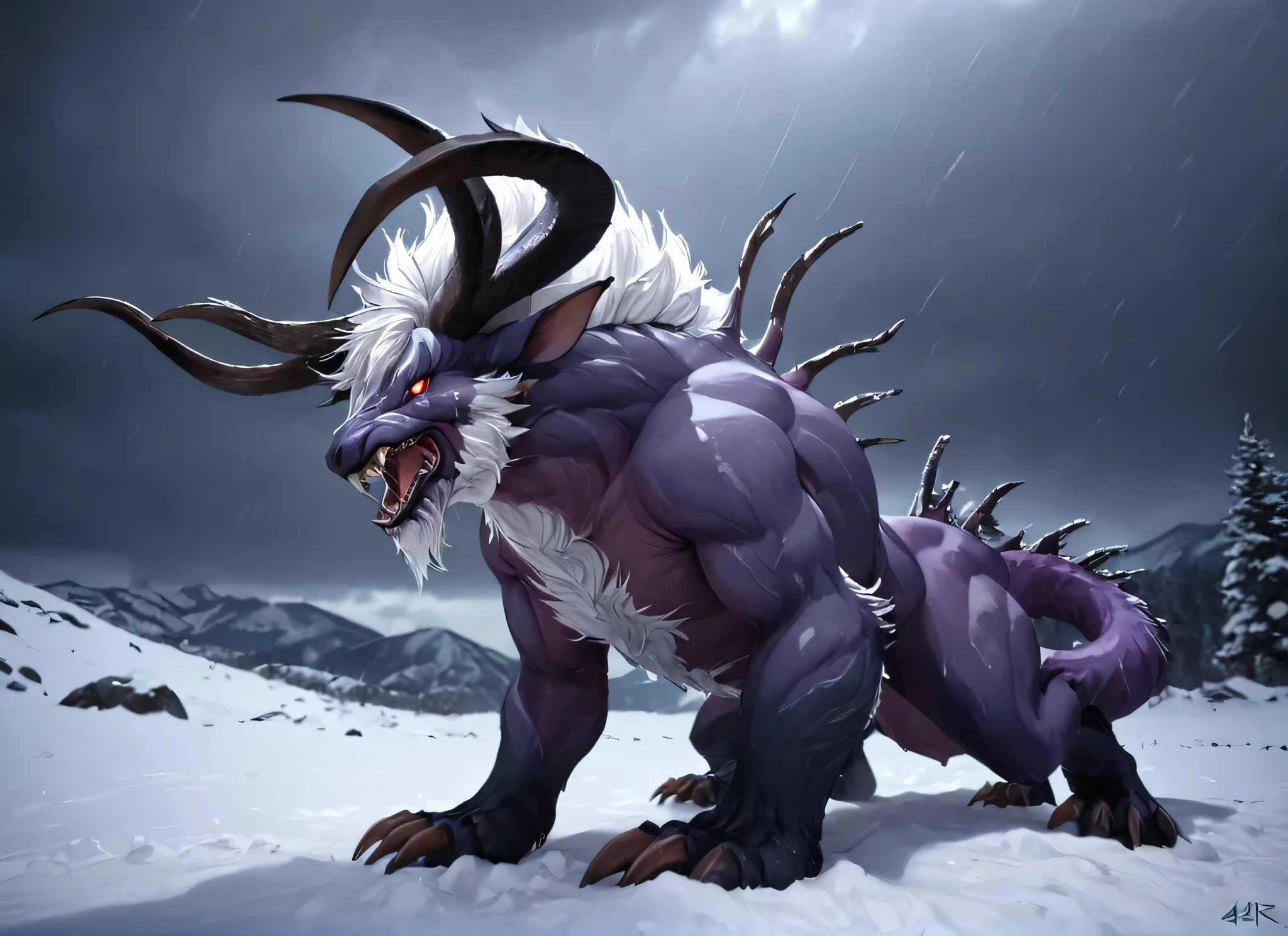 white behemoth a beast with long horns, at snowy peaks, hail storm, (masterpiece), best quality, highres, 4k, 8k, cinematic lighting, amazing quality, amazing shading, soft lighting, gloomy colors, dark aura, horror
