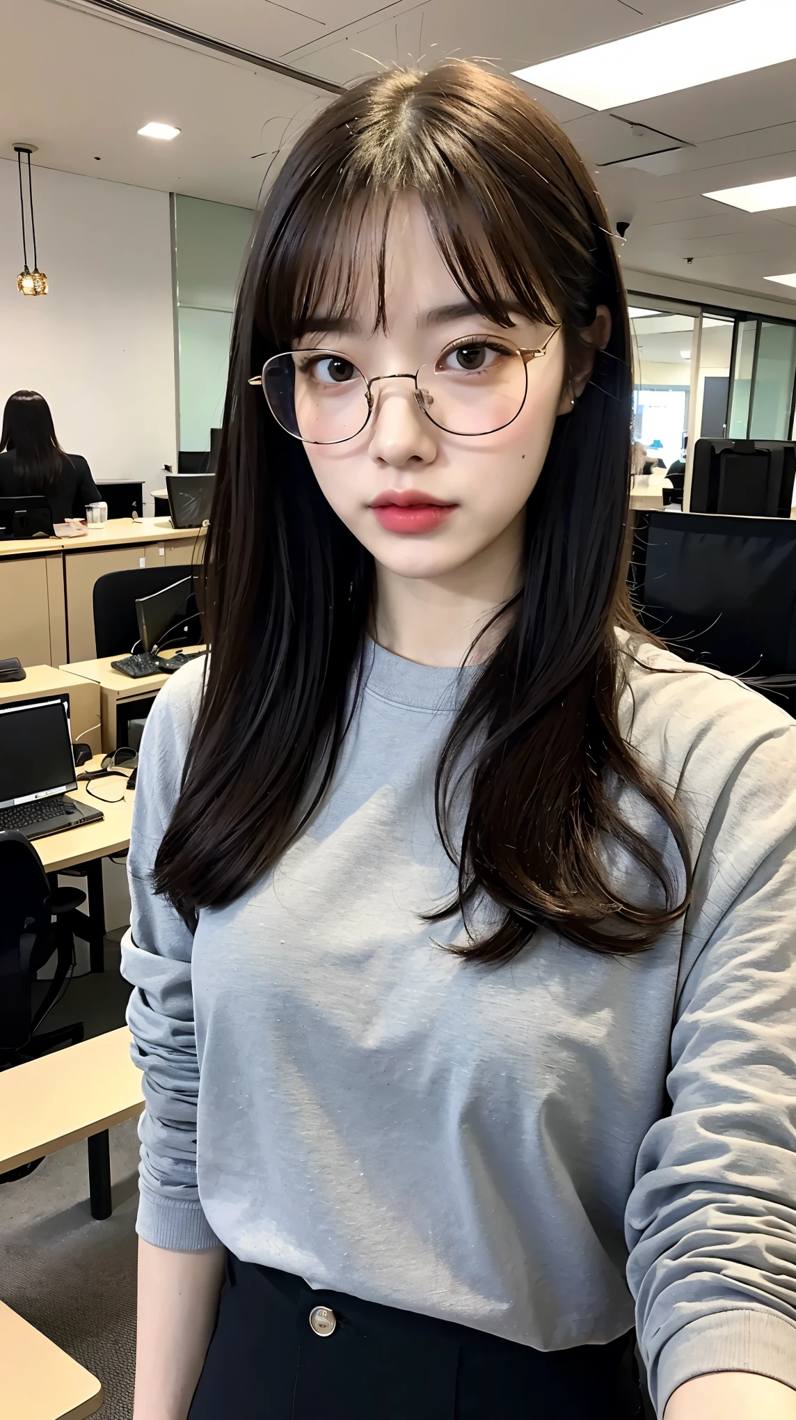 ((highest quality)), ((masterpiece)), (detailed), Perfect Face、She has the characteristics of a programmer.、Wearing stylish glasses、Wearing modern casual clothing。In the background、A tech-oriented, comfortable workspace is depicted.。