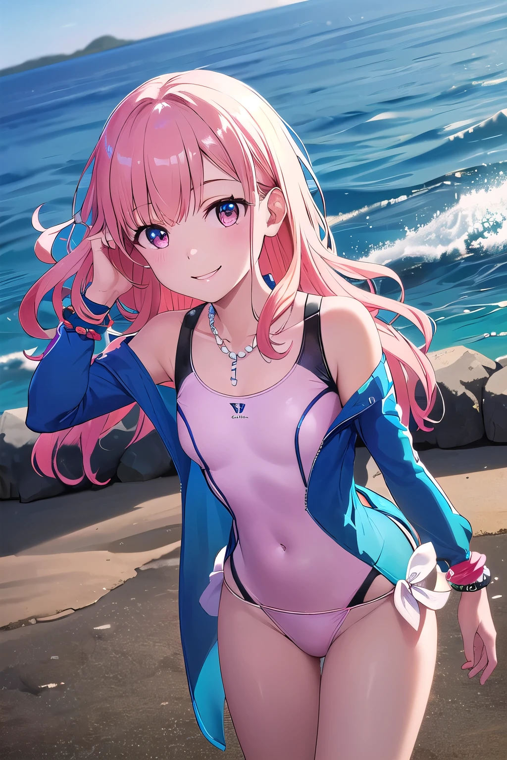 (8K, top-quality, masterpiece:1,2), (reallistic, Photorealsitic:1.37), Super Detail, One girl,), (Highly detailed), (beautifully detailed eyes), (of the highest quality), (super detailed ), (masterpiece), (Detailed face),20yr old, ,1 girl, ((pink hair,long hair)), medium breasts, clothed, Perfect Lighting, BREAK,
(light pink:1.2), (baby blue:1.2), (small floral patterns:1.2), (shiny fabric:1.1), (one-piece swimsuit:1.5), (long-sleeved rash guard:1.3), (light support bikini top with pads:1.4), (high-waisted bottoms:1.4), (loose-fitting:1.3), (large ribbon on chest:1.2), (small ribbons on hips:1.2), (frills on chest:1.2), (pearl details:1.1), (bead details:1.1), (pastel-colored beach sandals:1.2), (flower-shaped sandals:1.2), (shell necklace:1.1), (pearl bracelet:1.1), BRAKE, (upper body and knees:1.2), (long wavy hair:1.2), (shoulder length hair:1.1), (smiling:1.3), (facing forward:1.2), (looking down:1.1), (hands raised above head:1.2), (touching swimsuit ties:1.1), (one leg forward:1.1), (bright facial lighting:1.3), (hair highlights:1.3), BRAKE