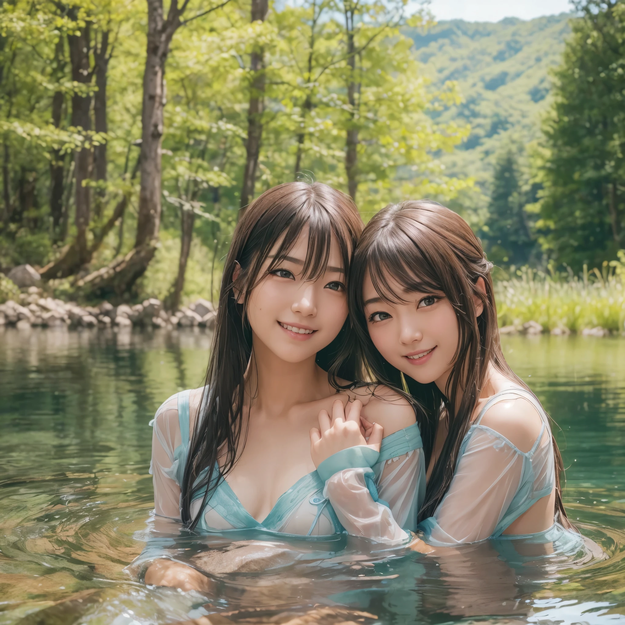 (((Browsing Caution))), (RAW Photos:1.2), (Realistic), Beautiful detailed girl, Very detailedな目と顔, Narrow and beautiful eyes, Large file size, High resolution, Very detailed, highest quality, [Tabletop:1.6], shape, Very detailed, Finer details, highest quality, 8k wallpaper, Cinema Lighting, Two 15-year-old Japanese girls, Early summer season, A happy look, Quiet Lake畔の森の中の湖, Playing in the lake, Barely, No top, Small nipples are visible, Long Hair, Slender body, Young Face, Small breasts, Exposed nipples,  Quiet Lake, BarelyPlaying in the lake