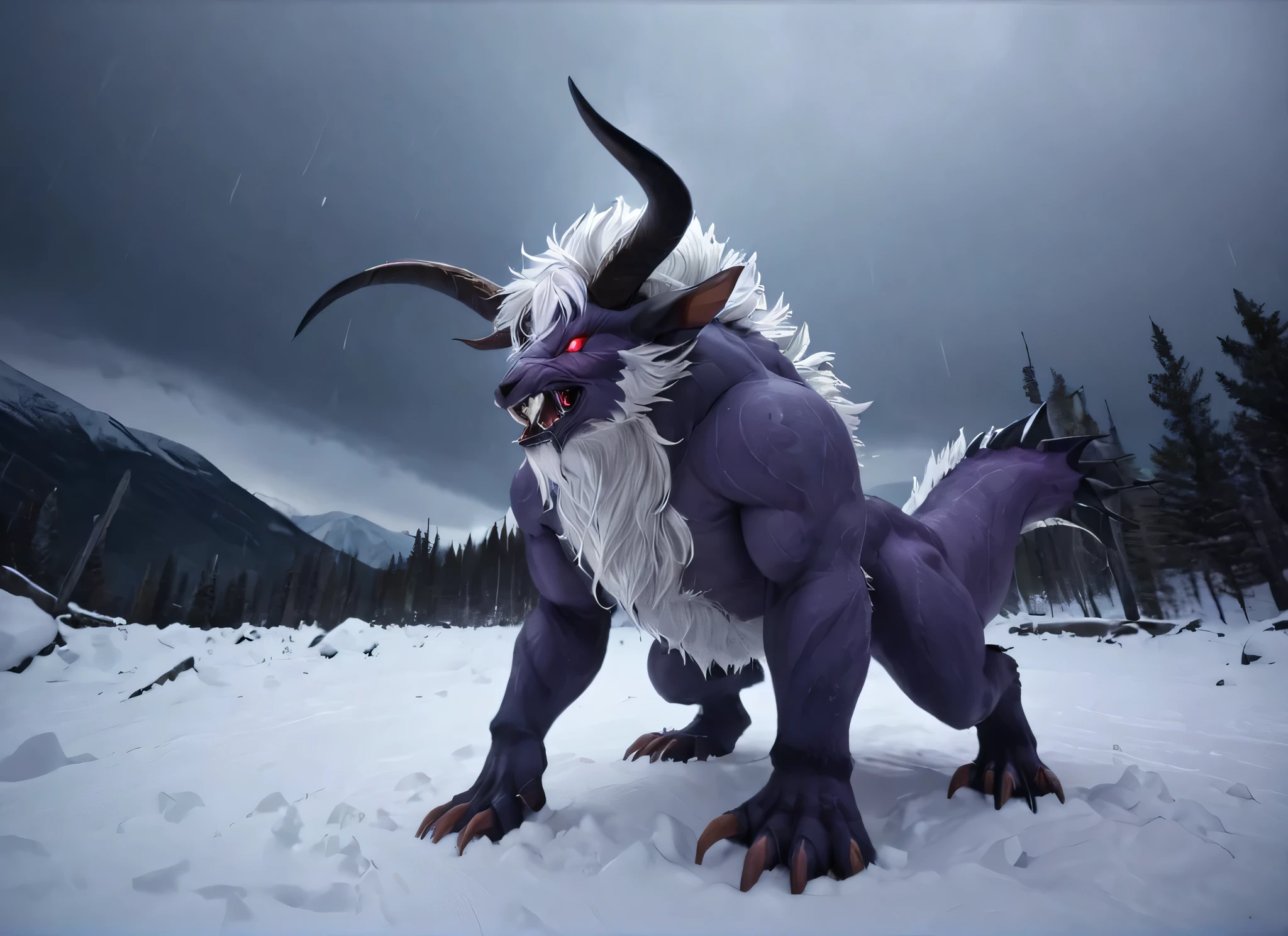 white behemoth a beast with long horns, at snowy peaks, hail storm, (masterpiece), best quality, highres, 4k, 8k, cinematic lighting, amazing quality, amazing shading, soft lighting, gloomy colors, dark aura, horror