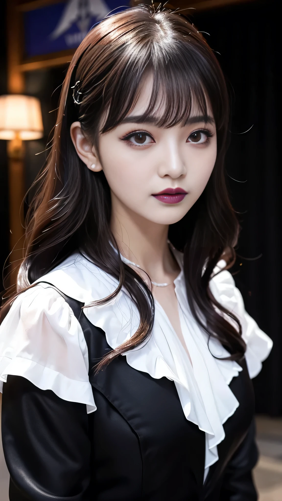 best quality、ultra-detailed、4k、Japanese、Seductive beauty、seductive adult woman、Pretty Woman、cool girl、Villainess、Brainwashed、brainwash、Fallen into evil、smirk、Evil look、Wicked Smile、evil、Brown hair、wavy hair、swept bangs、dark makeup、dark makeup、piercing eyes、hollow eyes,half-closed eyes、Hollow Eyes、purple Eyeshadow、black lipstick、black lipglos、suit、Jacket、Black Ribbon、Frilled blouse、flare skirt、night、inside darkroom、Has a switch、Emblem of Evil、Crest of Darkness、Swear allegiance、I have pledged my allegiance、Dye black、Blackening、Stained with evil、Dyed in darkness、