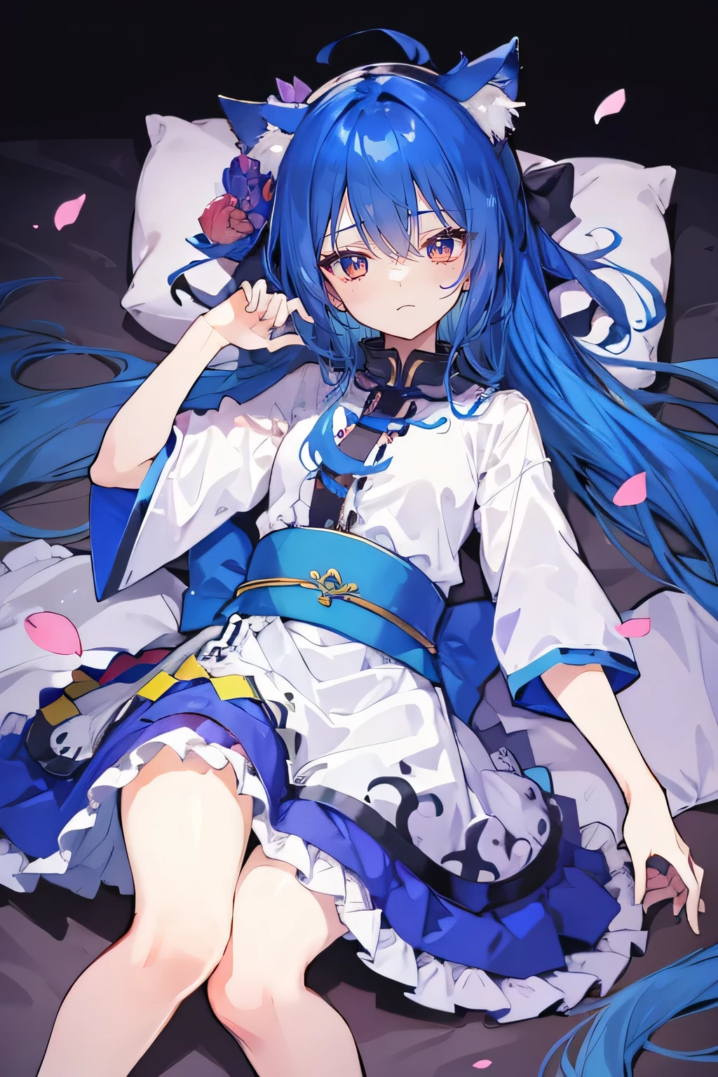 (masterpiece:1.2),Super detailed,lifelike,Expressive eyes,fair skin,perfect face shape,1 girl,
Japanese comics,Gorgeous blue hair,flowing blue hair,flowing clothes,Cat ears,Petals fall,beautiful lola,Baby Angel,
Shaking head with one hand,Lying gracefully on the ground,Cross your legs,Gentle and peaceful background,The pavilion is cool and comfortable,dark blue eyes.