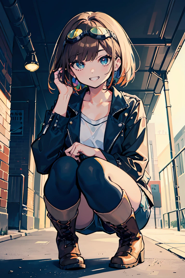 (1 personのドワーフの女の子), (1 person), (super high quality), masterpiece, Wear goggles on your head, (Brown Hair Color), Squat, (Colorful colors), Casual Scene, Relaxed atmosphere, she wears fashionable clothes, Shorts, boots, cold, Street atmosphere, Underground Passage. Perfect body, (E Cup:1.2), Grin, teeth, Fresh, (Asymmetrical bangs:1.3),Short Bob, (Highly detailed face and eyes), Sharp eyes,SF, Digital Art, beautiful, Cinema Lighting, By Yusuke Murata.tonality, Romanticism, modern art, Impressionism, reflected light, 8k, masterpiece, Advanced Details, highest quality