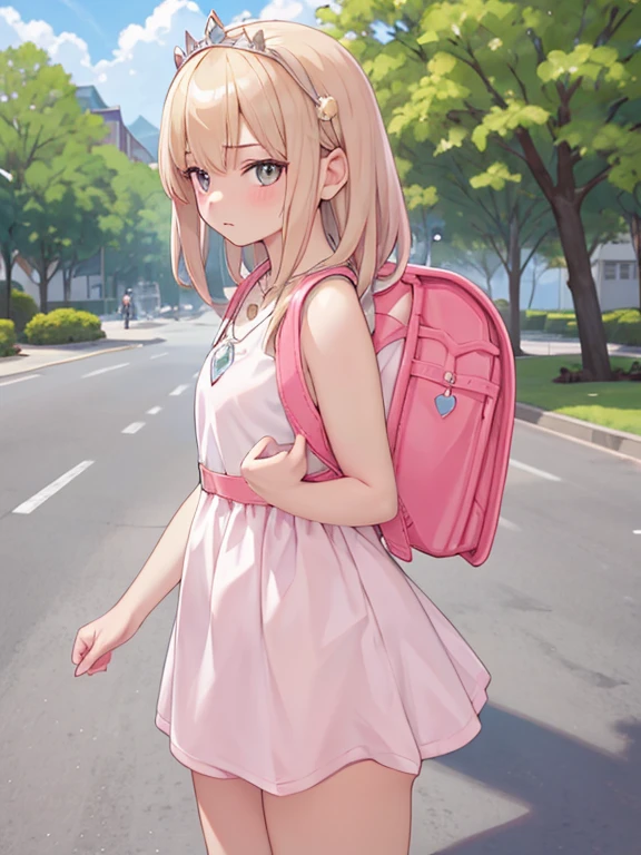 masterpiece, High resolution, Realistic, One girl, Blonde, Medium Hair, Are standing, Dress up as a princess, Wear a tiara, Diamond Necklaces, Outdoor, carries Randoseru Backpack, (Randoseru Backpack:1.0)