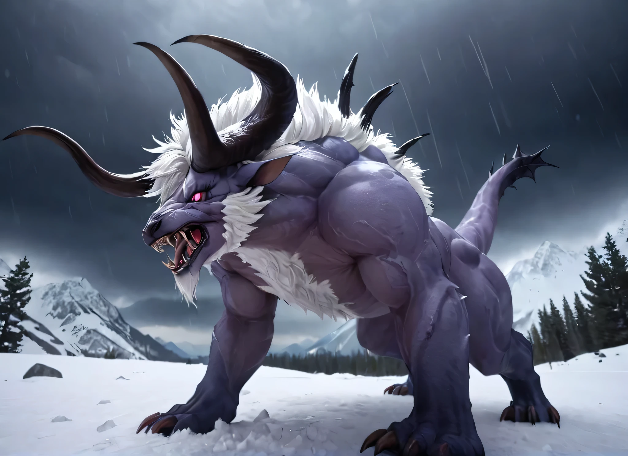 white behemoth a beast with long horns, at snowy peaks, hail storm, (masterpiece), best quality, highres, 4k, 8k, cinematic lighting, amazing quality, amazing shading, soft lighting, gloomy colors, dark aura, horror