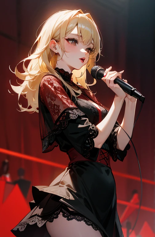 black and red lace underwear、Blonde、Beauty、Red Lip、adult、Hold the microphone and sing、