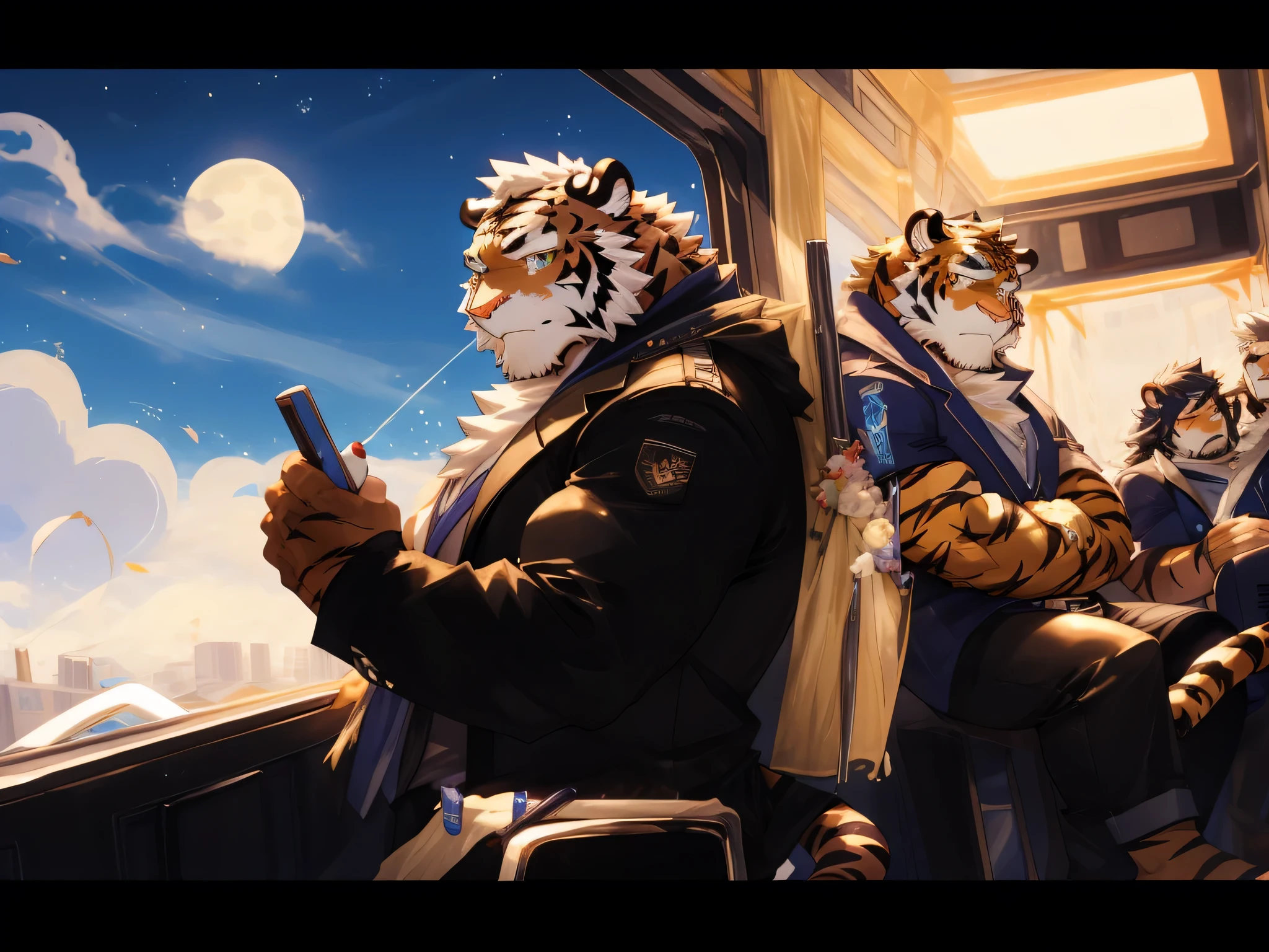 Cartoon characters sitting on the bus in the city at night, Cool Anime 8K, As《Iron Fist》Role in, High-quality fanart, SFW version, tiger_beast, ((tiger)), Very detailed and beautiful fan art, guys, (SFW) Work, Amazing wallpapers, Popular on artstation pixiv, Detailed anime character art, King of Fighters Role in