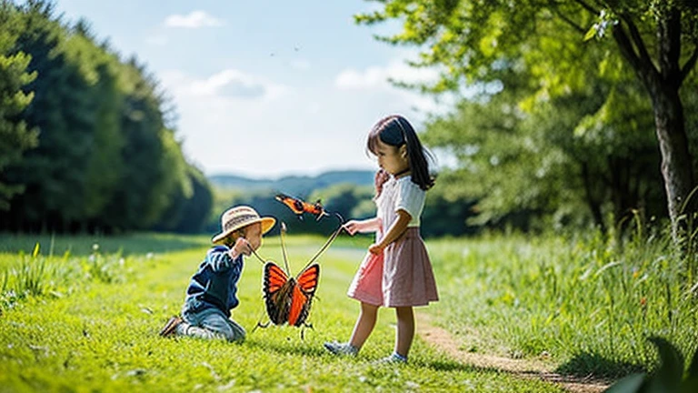 Children playing with insects in the countryside、