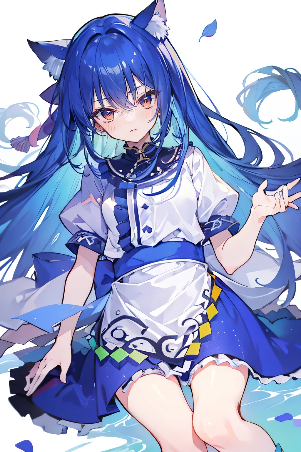 (masterpiece:1.2),Super detailed,lifelike,Expressive eyes,fair skin,perfect face shape,1 girl,
Japanese comics,Gorgeous blue hair,flowing blue hair,flowing clothes,Cat ears,Petals fall,beautiful lola,Baby Angel,
Shaking head with one hand,Lying gracefully on the ground,Cross your legs,Gentle and peaceful background,The pavilion is cool and comfortable,dark blue eyes.