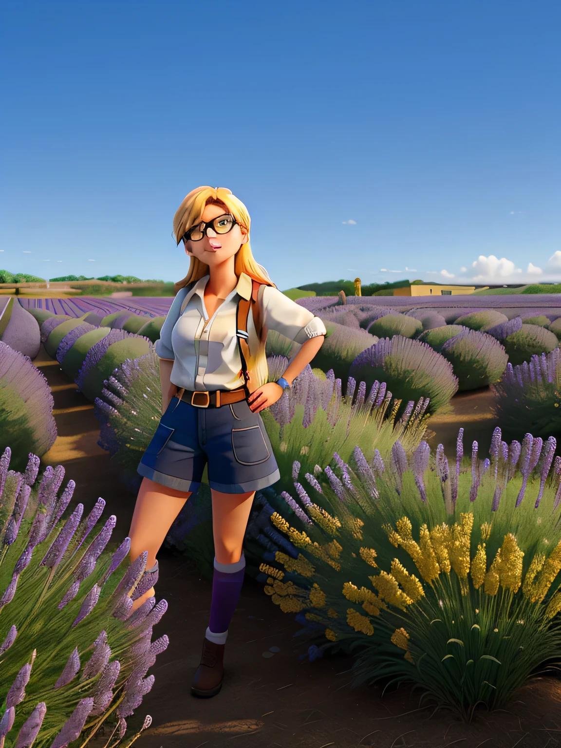 Mujer rubia, guapa, en un campo de lavanda, con gafas de sol