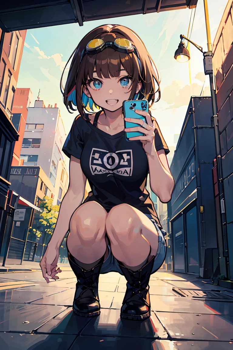 Selfie, (1 personのドワーフの女の子), (1 person), (super high quality), masterpiece, Wear goggles on your head, (Brown Hair Color), Squat, (Colorful colors), Casual Scene, Relaxed atmosphere, she wears fashionable clothes, Shorts, boots, cold, Street atmosphere, Underground Passage. Perfect body, (E Cup:1.2), Grin, teeth, Fresh, (Asymmetrical bangs:1.3),Short Bob, (Highly detailed face and eyes), Sharp eyes,SF, Digital Art, beautiful, Cinema Lighting, By Yusuke Murata.tonality, Romanticism, modern art, Impressionism, reflected light, 8k, masterpiece, Advanced Details, highest quality