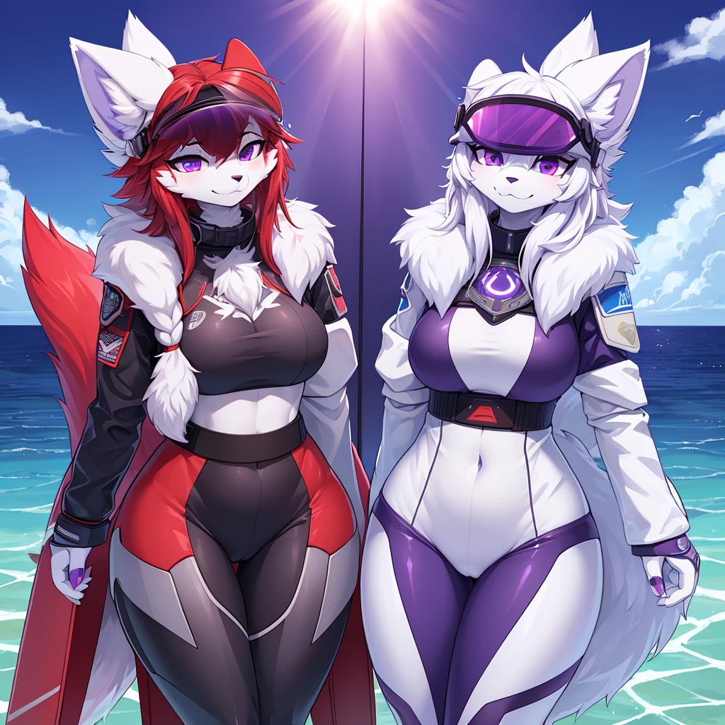 ((best quality, Masterpiece, perfect anatomy, Detailed pictures)), 1 female, arctic protogen, arctic wolf, Long visor, purple visor, purple eyes, sexy body, Bust 82, Waist 56, Thigh 83, Big Pong, Future military clothing, fluffy tail, red red, shy, in the sea, front view