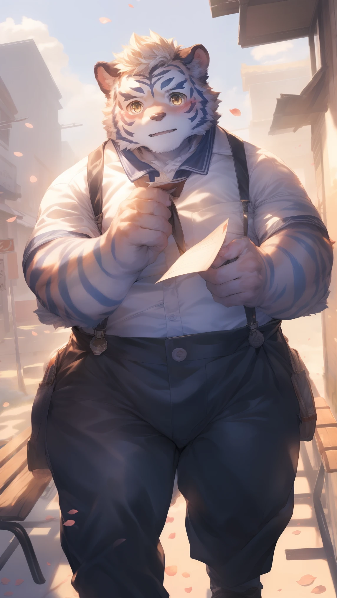 (through empty ghost, From thebigslick, through dark gems, Will chase), Keyuan Tower (Onmyoji Daisenji Temple), High quality photos, Perfect anatomical structure, Anthropomorphic white tiger, Men, , thick eyebrows, (short hair:1.5), Light blue stripes, Strong body, pectoralis major, Gray school uniform, Black bow tie, Black overalls, Small bump, Holding a letter, 站在Cherry tree下，The petals fell on his shoulders，Shy expression, blush, Golden pupils, Look at the audience, Clear facial features, Strong, Solitary, solo, Front view, Full body image, Fog atmosphere, On the streets of the city，Cherry tree，Roadside bench, Correct gestures