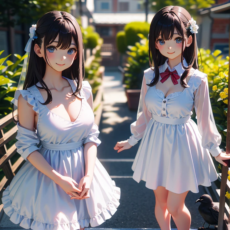 masterpiece, highest quality, One Girl, Thighs, beautiful girl, Flowers, たくさんの小さなflower, flower、Small waist, RAWphotograph,Bright lighting、Face Light, Ultra-realistic, High resolution, photograph, Sharp focus, Highly detailed eyes and face,Symmetrical face, whole body、Large Breasts、Long Hair、チラリと見えるThighs、Emphasized cleavage、Her hair was tied with a big red ribbon.、White high heels、White knit、race、White micro mini skirt、Embarrassed、smile、Happy smile、standing on a roof、A crow sits on your shoulder