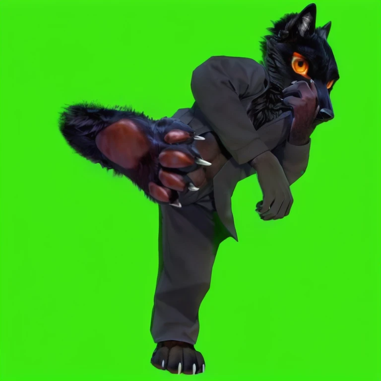 Black anthro wolf, standing with one feet, kicking air, doing a kick fight pose, wearing black chlotes (detailed hd muscular black fur chest exposed, detailed hd muscular black fur stomach exposed) (perfect detailed light and shadow), wearing black pants (perfect detailed light and shadow), right hand on the front chest (finger unwrapped) (detailed black fur hand), left hand close to face (hand covering mouth) (finger unwrapped) (detailed black fur hand), head tilted to right (detailed big orange eyes with red predatory pupil), detailed serious head face expression, detailed hd right feet close to camera, detailed feet paws, hd quality, 4k quality, perfect light, perfect shadow, detailed feet paws close up, detailed white nails, detailed white claws