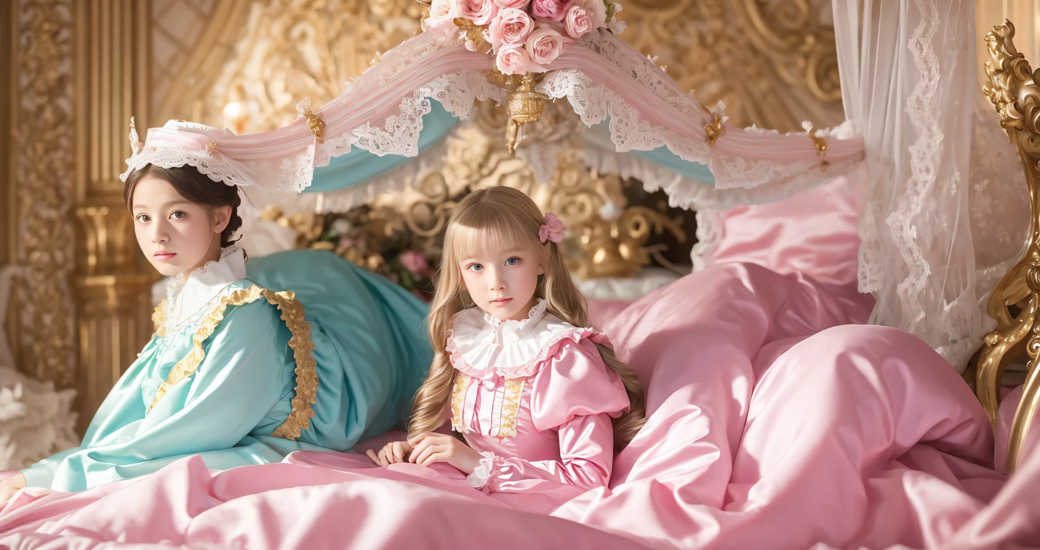 ,highest quality, masterpiece, Highest Resolution, artwork, super それにGet used to it, many Get used to it, Get used to it, それにGet used to it, 3K realistic photos,,(( When I was 10 years old)),Super detailed baby face,She is a princess,Full-length ball gown dress with hoop skirt,Frilled yoke collar,Puff sleeves,Long sleeve,((Lolita style hot pink detailed princess satin dress、Lots of frills and ribbons。)),Colorful Rococo Fashion,shiny satin dress,Soft and smooth fabric,luxury,Long blonde hair,blue eyes,White skin European,pajamas,((Inside the palace)),,,(( When I was 10 years old)),Super detailed baby face,Full-length ball gown dress with hoop skirt,Frilled yoke collar,Puff sleeves,腰まで伸びるLong blonde hair,blue eyes,White skin European,pajamas,((Inside the palace bedroom)),ピンクのシルクサテンのluxuryなCanopy bedの上,Canopy bed,Luxurious curtains under a canopy,There were a lot of frilly pillows on the bed.,Highly detailed background,Detailed bed,Romantic atmosphere,The little princess is sitting on the bed,