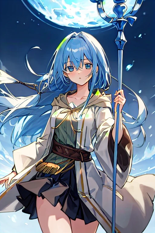 masterpiece, best quality, Ultra-high quality CG, Elijah I, 1 girl, Solitary, Long hair, Looking at the audience, skirt, shirt, Long sleeve, Keep, Hair between the eyes, Medium breasts, Keep your mouth shut, clavicle, Cowboy shooting, pleated skirt, Open your clothes, hood, Wide sleeves, black skirt, Blue Background, hood down, staff, robe, green shirt, Keep staff, Monster duel, ribbed shirt, open robe, hooded robe