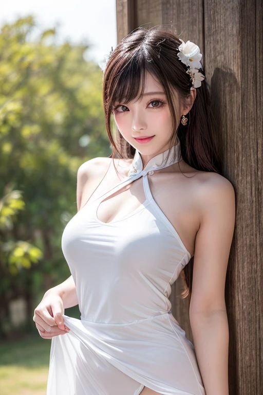 (masterpiece,highest quality,超A high resolution),Japanese women, (((Very beautiful 25 year old girl))), pretty girl、Look at the photographer、 (()), Very cute face, Glossy Lips, Double eyelids on both eyes,Natural smile、 Natural Makeup, Long eyelashes, Shiny and smooth hair、Center image, Perfect limbs, Perfect Anatomy,(((Shiny Chinese dress white panties)))、((Skirt Hold:1.2)),Wet with sweat,Cowboy Shot