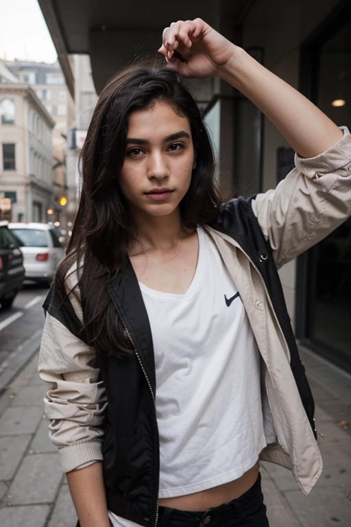 , boy , young , hyper_realism , standing next to mirros , selfie , 1 person , chiseled jawline, black hair , jacket