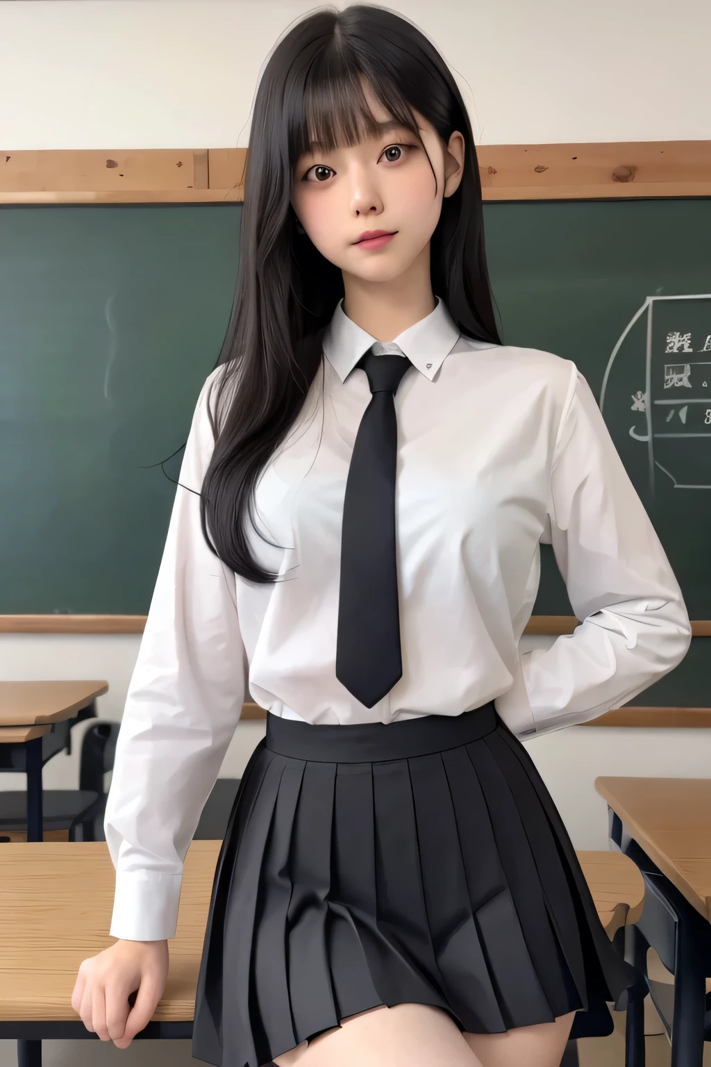 Photo realistic、Photorealistic、Girl 1、Ultra-detailed Black-haired Slim body、Are thin、Pleated skirt、shirt、Japanese School Uniform Soft thighs Ina Bauer background、School