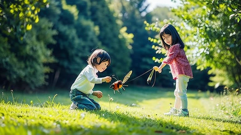 Children playing with insects in the countryside、