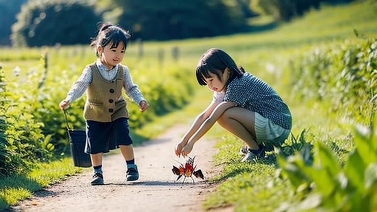 Children playing with insects in the countryside、