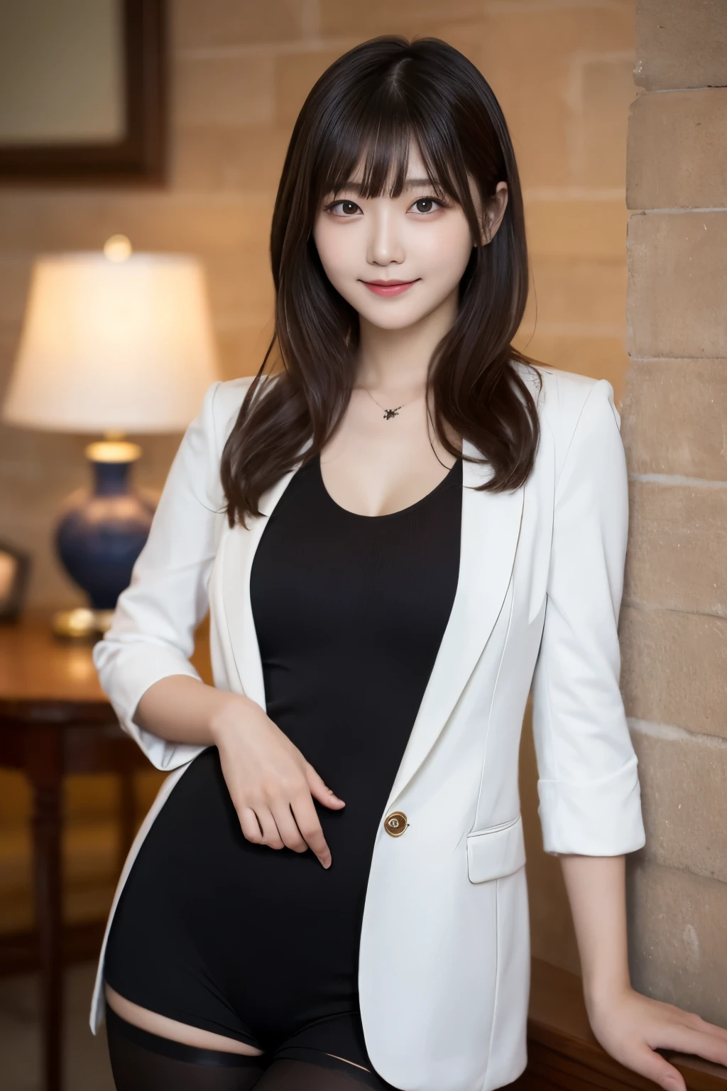 Tabletop, highest quality, shape, Very detailed, finely, High resolution, 8k wallpaper,short hair、 完璧なダイナミックな構shape, Beautiful and beautiful eyes, suit，Natural color lip, smile、18-year-old girl，When wearing black tights or stockings、Plump thighs、Shortcuts