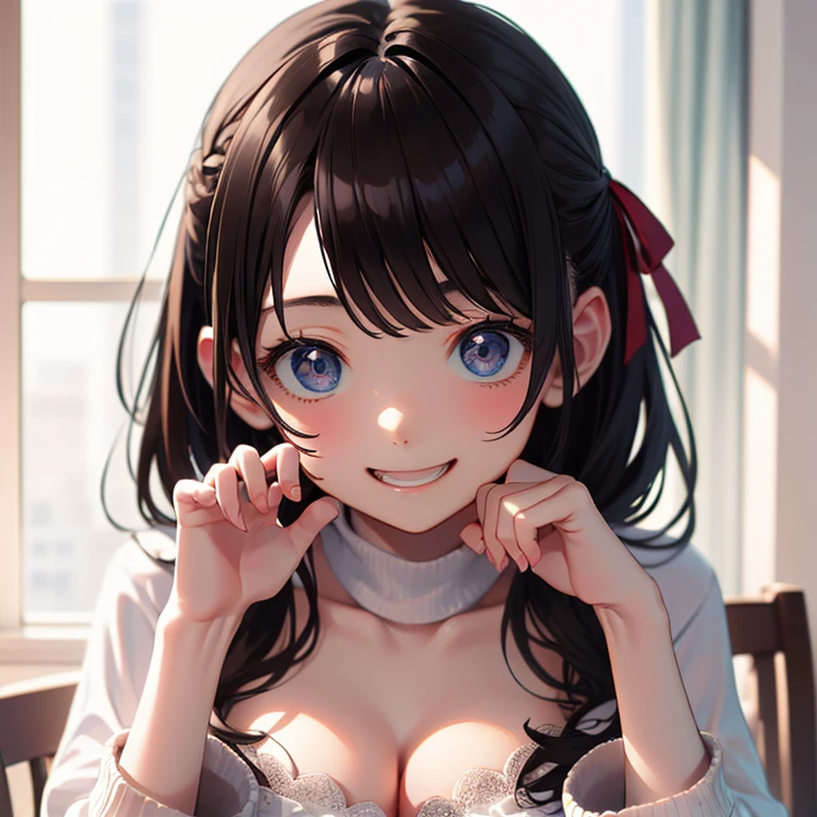 masterpiece, highest quality, One Girl, Thighs, beautiful girl, Flowers, たくさんの小さなflower, flower、Small waist, RAWphotograph,Bright lighting、Face Light, Ultra-realistic, High resolution, photograph, Sharp focus, Highly detailed eyes and face,Symmetrical face, whole body、Large Breasts、Long Hair、チラリと見えるThighs、Emphasized cleavage、Her hair was tied with a big red ribbon.、White high heels、White knit、race、White micro mini skirt、Embarrassed、smile、Happy smile、Leaning forward、Peek into