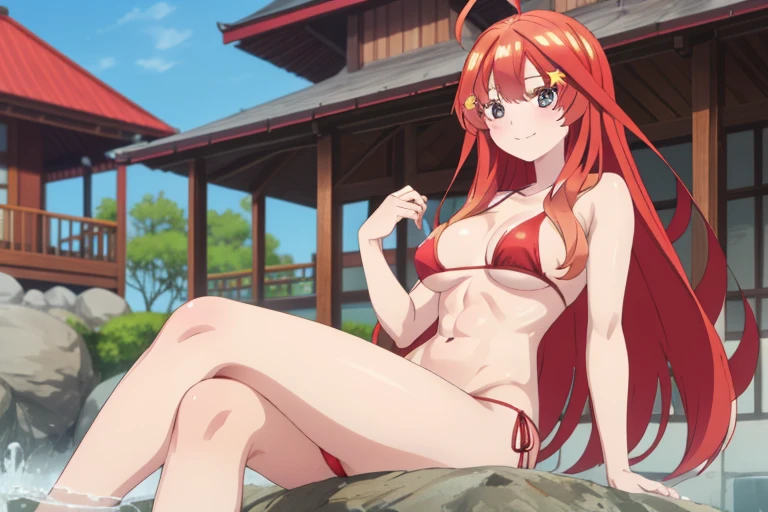 2d, masterpiece, best quality, anime, highly detailed, 5 girl, photo of 5 girl, quintuplets, nakano itsuki, red hair, long hair, star hair ornament, ahoge, large breasts, standing, open-air bath, public bath, red bikini, outdoors, smile, abdominal, abs muscular, belly button, side breasts, back muscles, sitting crossed legs, big table filled with quintuplets surrounded by, t-back thong, sexy body, perfect body, pier at the cabin lake, 