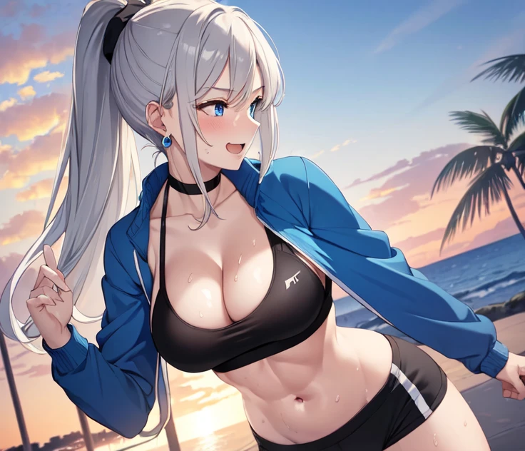 (((masterpiece))), ShizukaMikazuki, One Girl, alone, View your audience, Long Hair, Gray Hair, Long sleeve, Cleavage, Huge breasts,clavicle, Mature Body,Glamorous Body,Trained abdominal muscles,Make your face a little smaller,Make your breasts bigger,tall,Blushing,High Ponytail,Blouson, Open clothes, open Blouson, blue Blouson,nude,Black sports bra,Black hot pants, Play sports often, Choker with charm,Earrings,Belly piercing,Laughing embarrassedly,blue eyes,Sunset Nature Park,Shooting from an angle,Sweat all over,