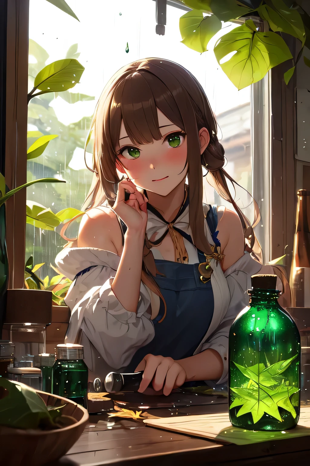 absurdres resolution, masterpiece, (fantasy girl working in atelier:1.1), (converting green leaf to green drops:1.3), (green solution in bottle:1.2), heavy rain outside window, night, glowing perfect hands